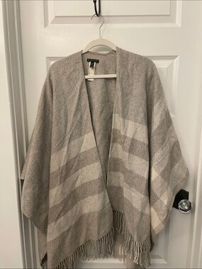 Eileen Fisher Beige & Cream Striped Open-Front Fringe Poncho